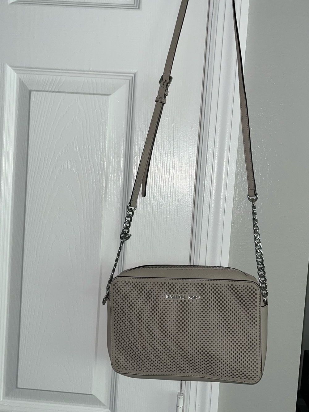 Michael Kors Taupe Perforated Leather Camera Crossbody with Chain Strap